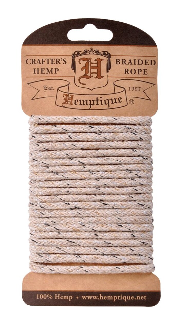 Hemptique 4mm Braided Hemp Rope Cards Eco Friendly Sustainable Naturally Grown Jewelry Bracelet Making Paper Crafting Scrapbooking Bookbinding Mixed Media Crocheting Macrame Seasonal Holiday Gift Wrapping Outdoor Gardening